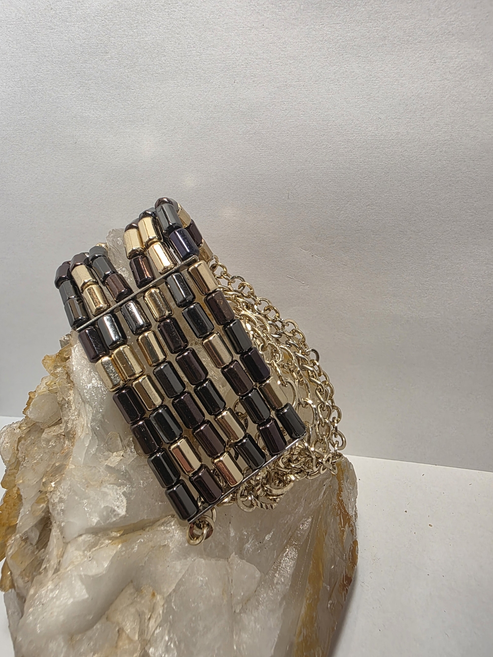 Gold and Hematite Beaded Chain Bracelet